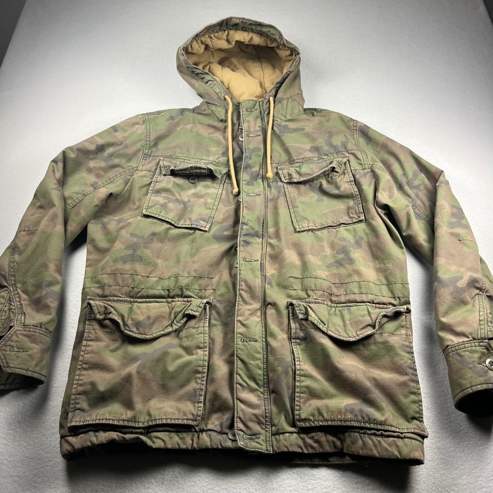 American Eagle Mens Camo Field Jacket Quilted Lined Hooded Military Coat Large